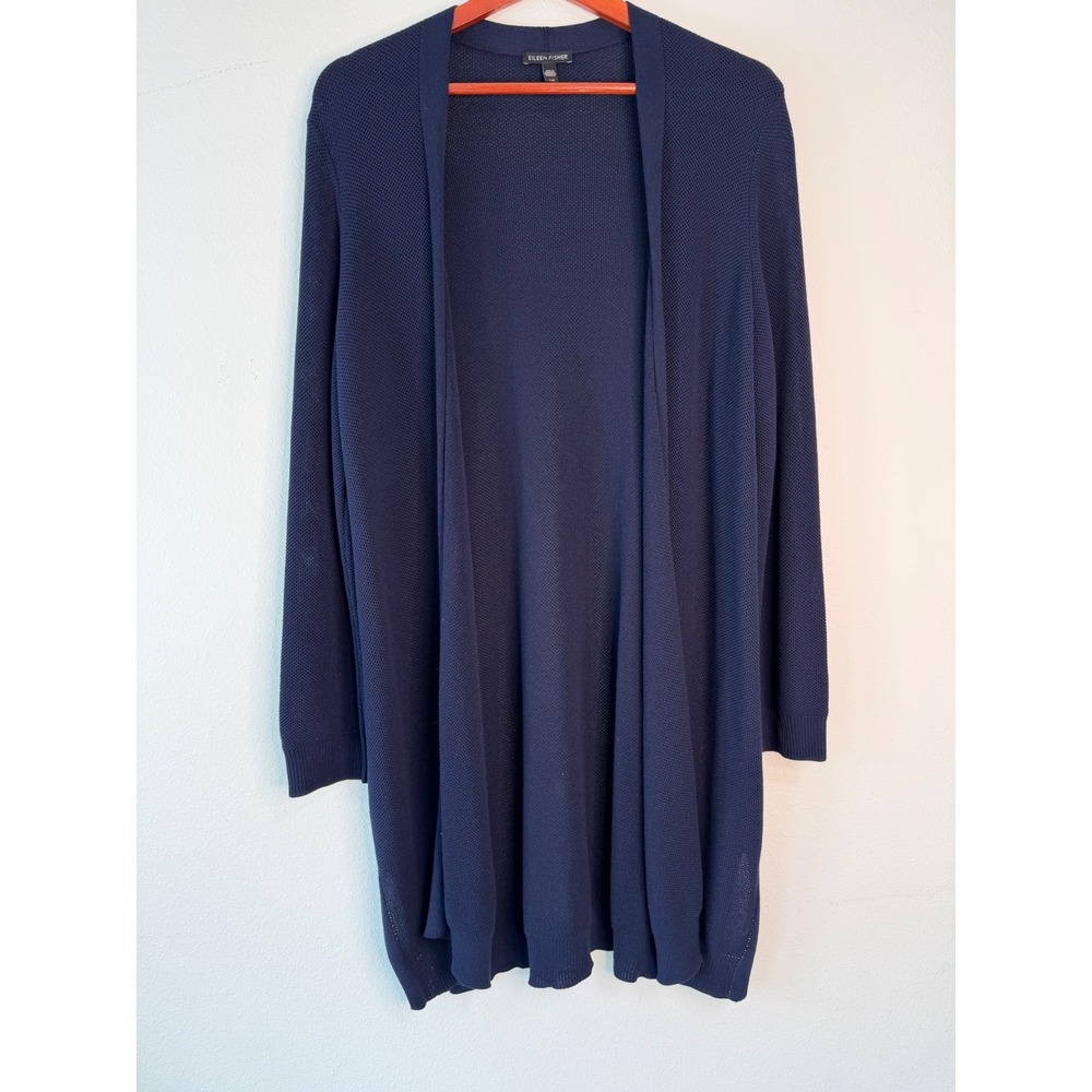 Eileen Fisher Navy Blue Knit Cardigan Open Front‎ Duster Minimalist Career Large - Picture 2 of 10
